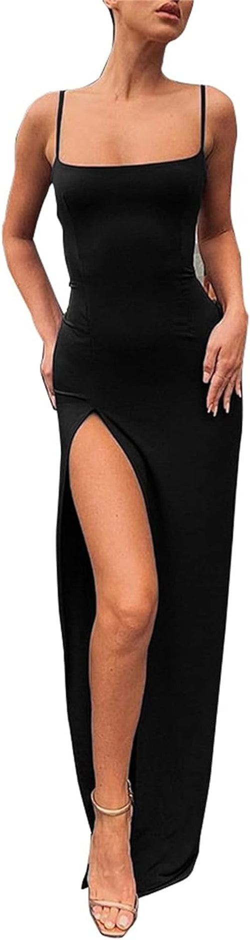 Women'S Spaghetti Strap Bodycon Maxi Dress Long Formal Thigh-High Slit Club Wedding Guest Dress